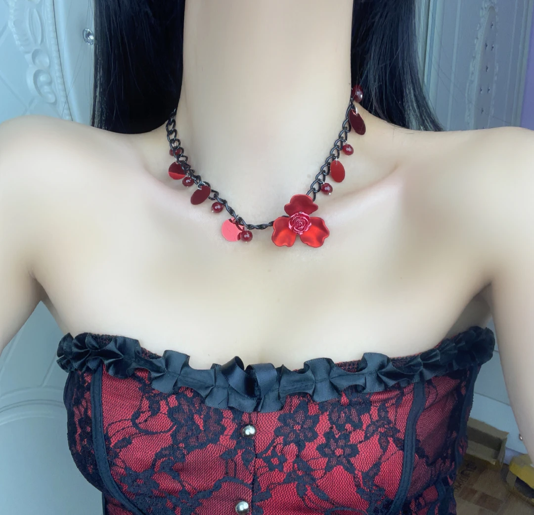 铜合金项链 暗黑红色锁骨链亚克力项圈朋克辣妹饰品复古百搭颈链