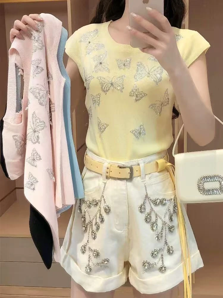 【85587】树#多款烫钻蝴蝶针织无袖上衣【2件】