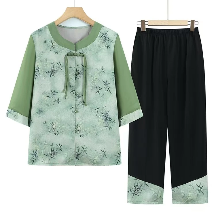 9012-中老年妈妈夏季套装老奶奶休闲舒适中式国风两件套（李亚）