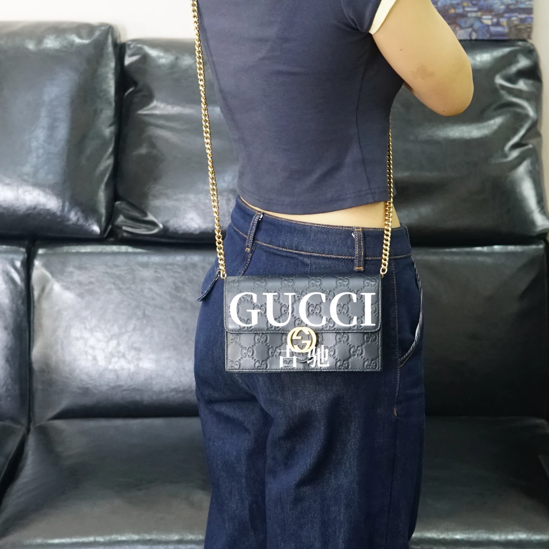 95新 GUCCI/古驰 黑色金标链条斜挎包/ZH05819070/9070