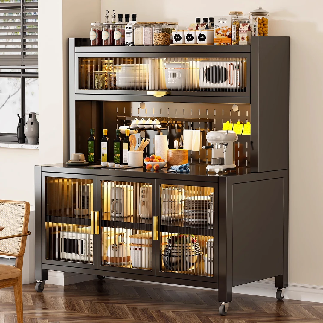 厨房储物柜餐边置物架落地防尘微波炉烤箱碗碟子多功能收纳橱柜子