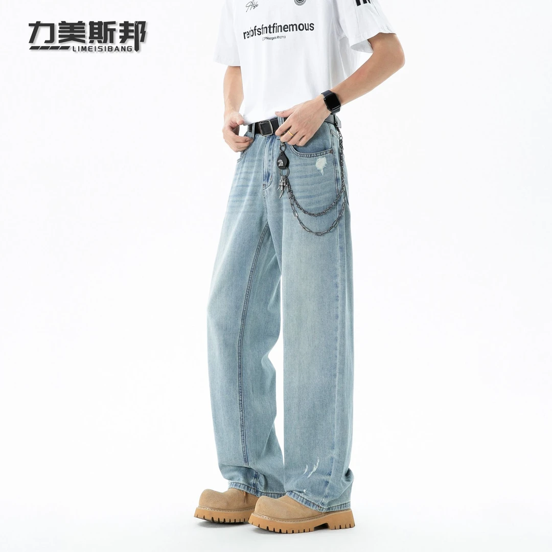 力美斯邦夏季薄荷冰川蓝冰丝透气薄款高街宽松破洞牛仔裤早秋穿搭