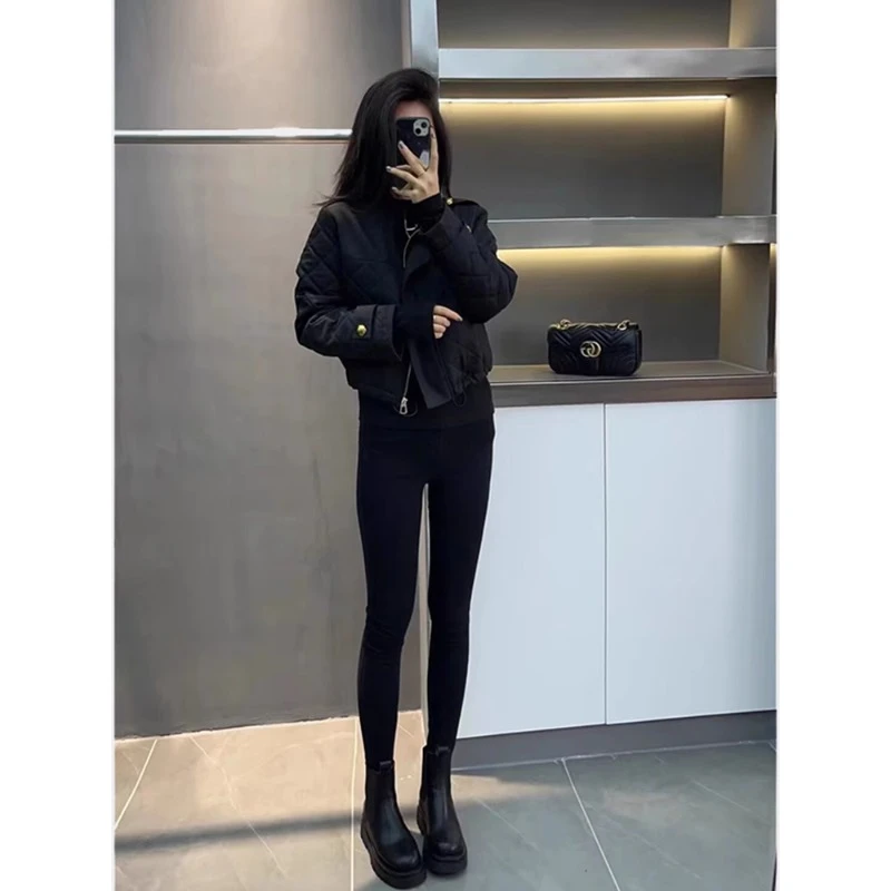 YBN8660秋冬季新款韩系棉衣高级感小香风黑色短款菱格棉服外套女