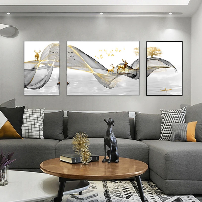 轻奢麋鹿钻石画满钻三联画发财鹿客厅装饰画手工diy点钻十字绣画