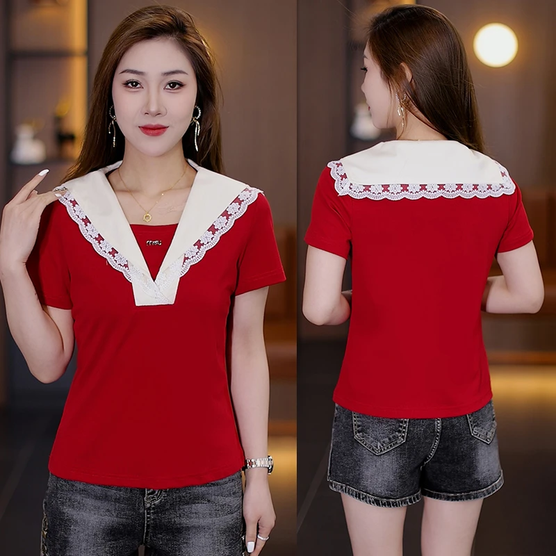 海军领短袖T恤女2025年新款夏季百搭修身遮肚洋气显瘦修身上衣