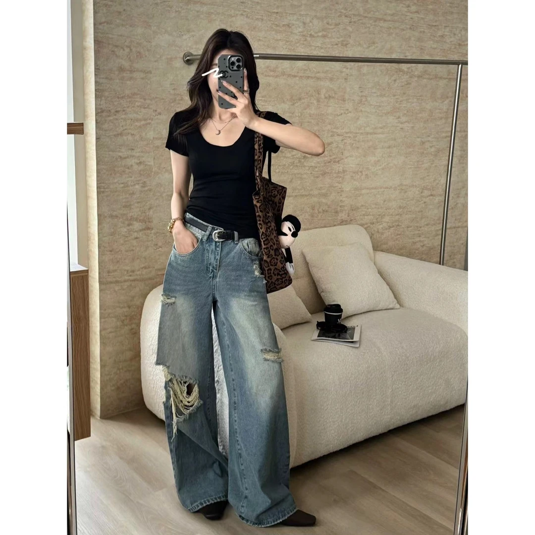 SP美式复古做旧磨破阔腿牛仔裤女春季新款时尚洋气百搭直筒拖地裤