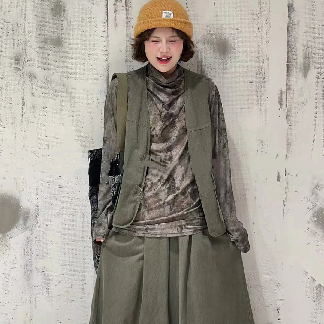 早秋纯色做旧工字型宽松口袋休闲马甲晕染花纹长袖打底衫