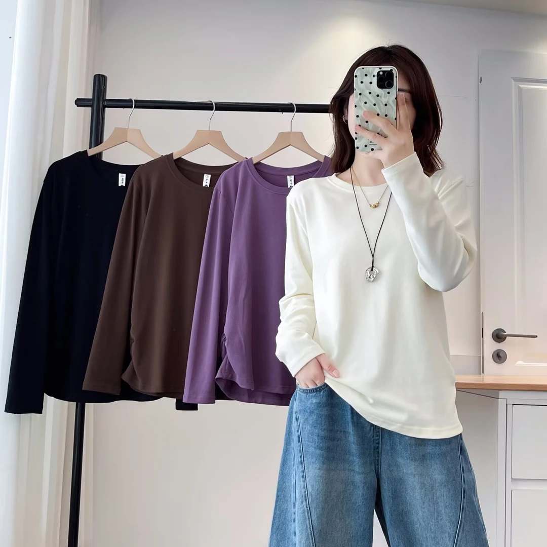 长袖宽松型拼接褶皱修身打底T恤休闲春秋季宽松t恤