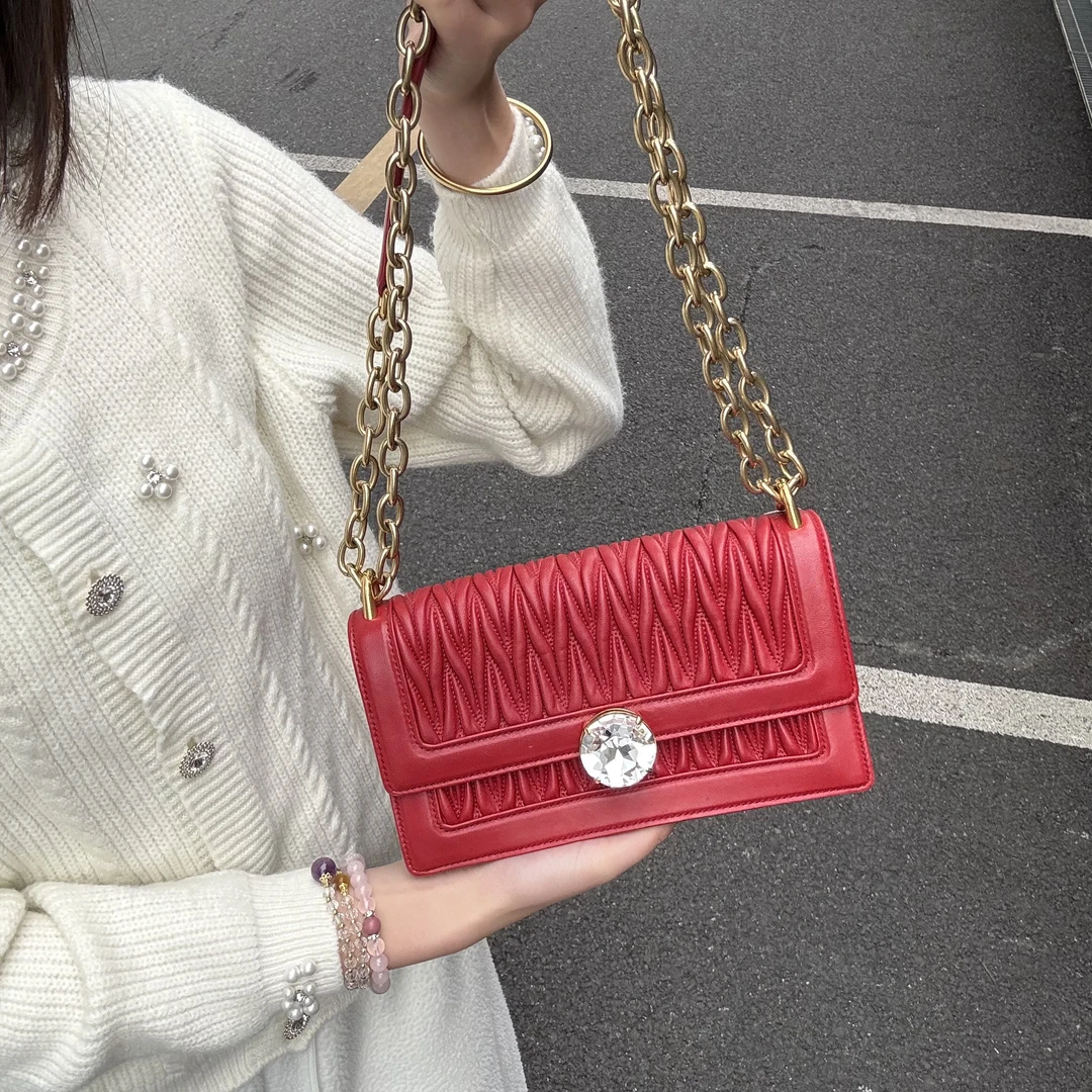 95新 MIU MIU/缪缪 红色大水钻链条包