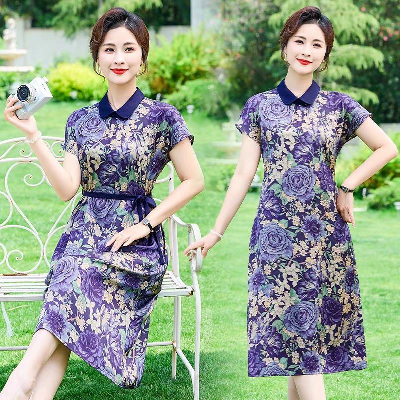 8898妈妈夏装连衣裙新款时尚中老年女装夏季裙子气质显瘦宽松长裙