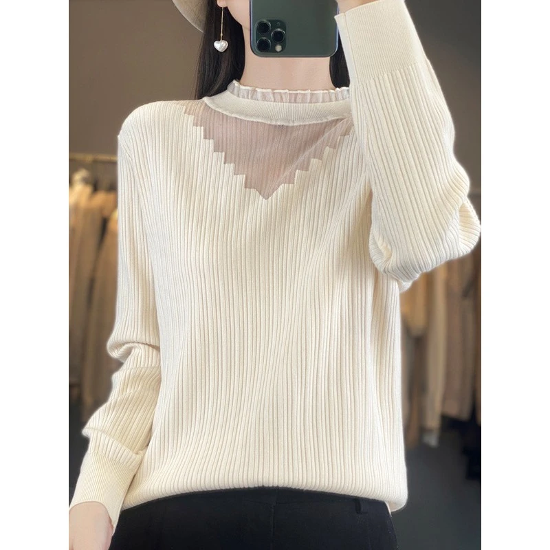 猴皇后2025新款爆款镂空针织蕾丝打底衫女春秋时尚显瘦内搭洋气大