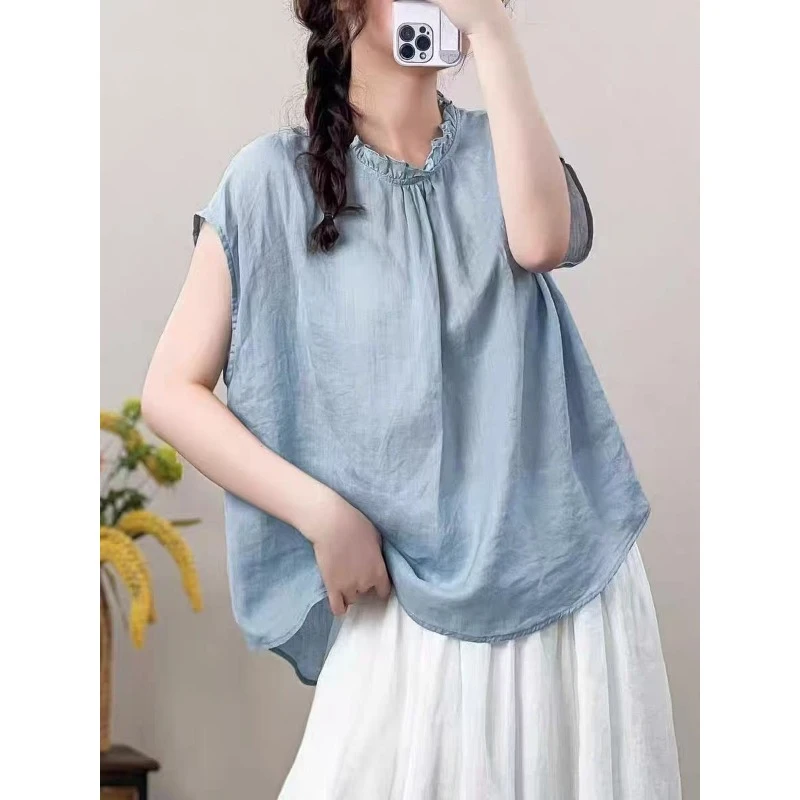 复古木耳花边领气质飞飞袖衬衫女2025年夏季时尚新款宽松休闲上衣