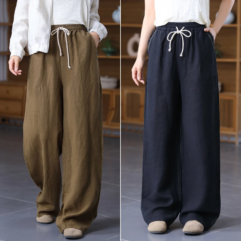 汉麻镰刀裤高腰长裤松紧腰直筒裤休闲裤休闲风无弹常规阔腿裤女款