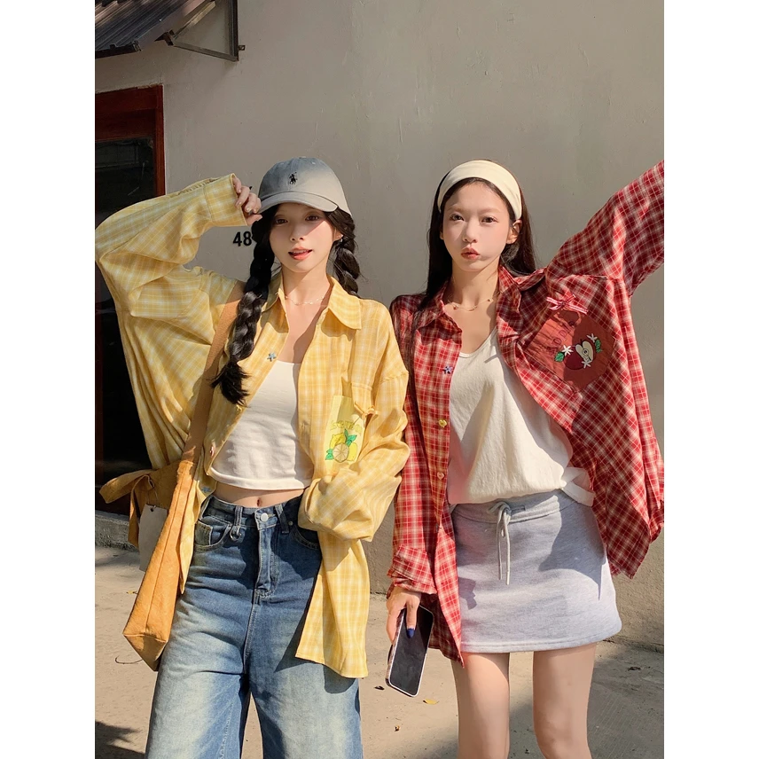 黄色慵懒风长袖格子衬衫显瘦宽松港味复古chic上衣早春新款外套衫