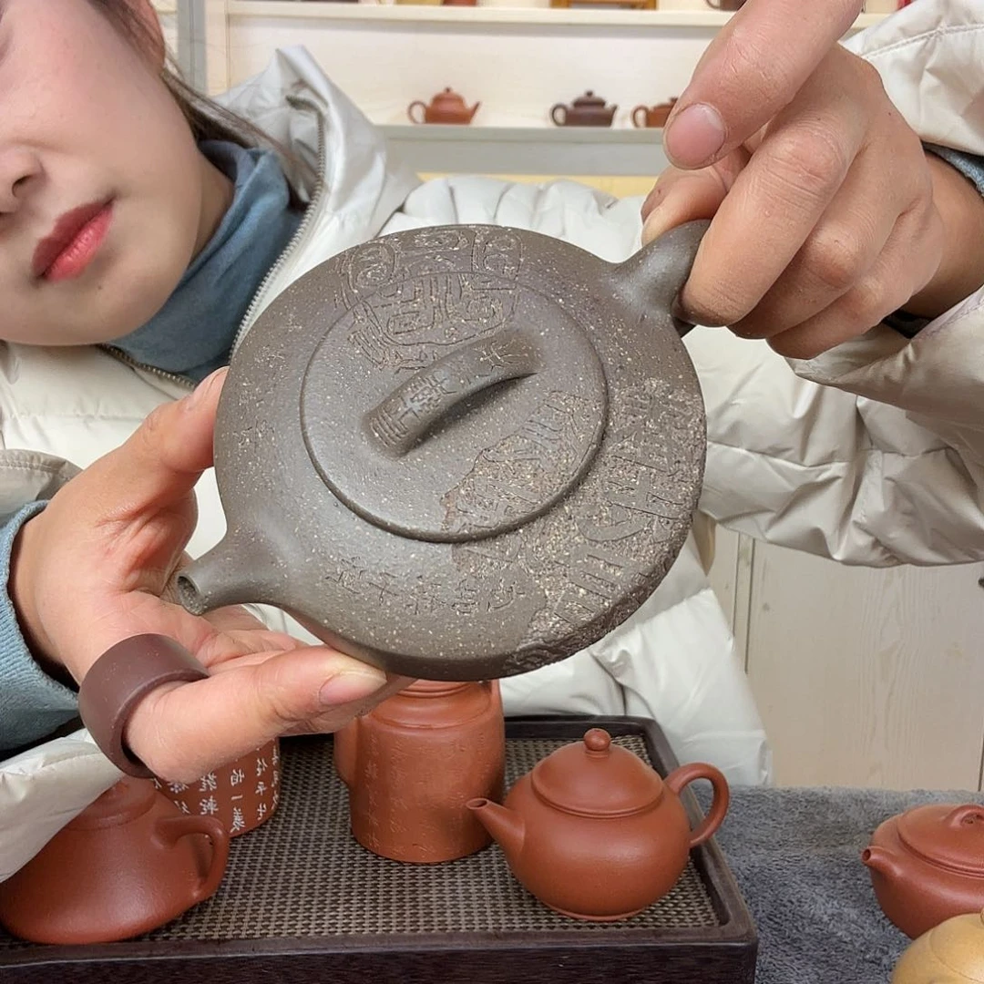 紫砂茶壶渔****)青段扁石