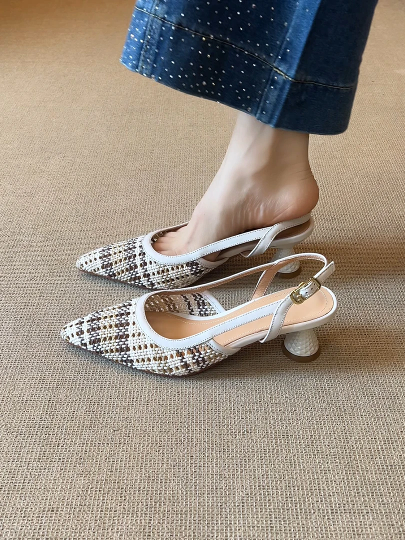 Elingjk/5.5cm法式优雅编织拼色尖头高跟鞋百搭气质包头凉鞋