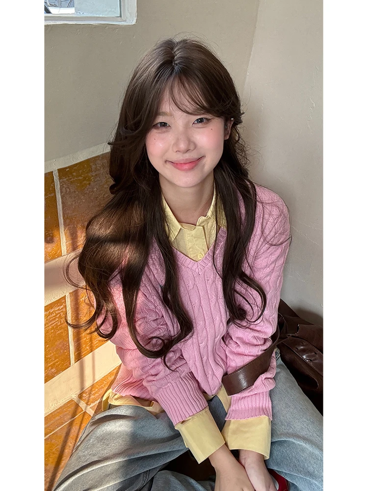 2025大码女装韩系V领麻花毛衣针织衫秋白月大大秋冬大码德绒上衣