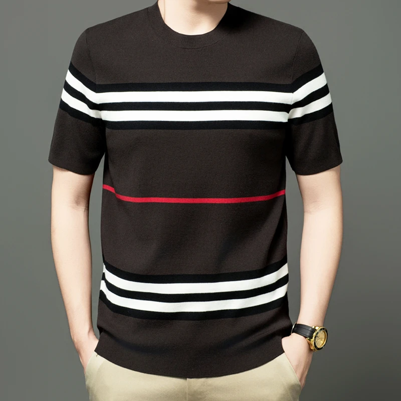 卡尔皮诺1881圆领毛衣针织衫男士条纹针织T恤不褪色短袖时尚免烫