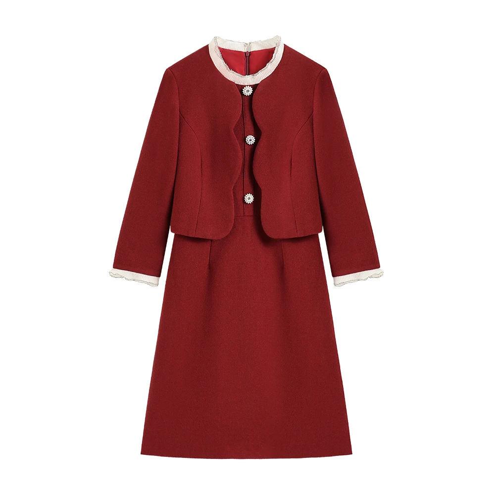 【深圳虹姐】秋冬新品法式假两件木耳边花瓣领显瘦连衣裙