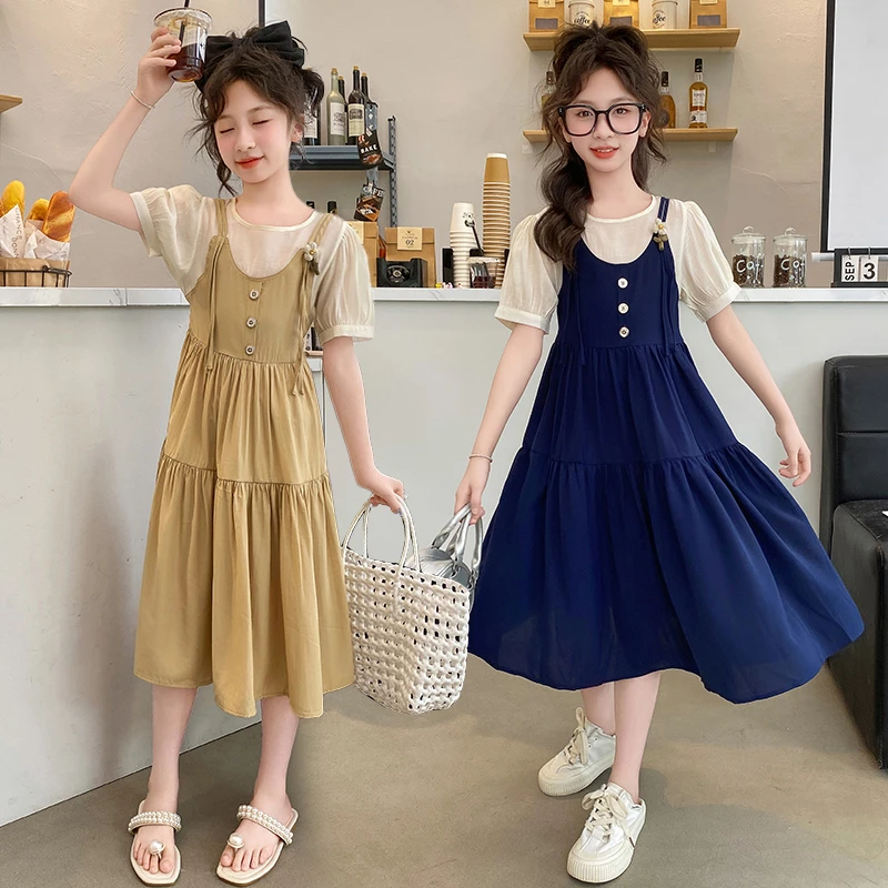 女童连衣裙夏季新款洋气儿童韩版两件套裙子中大童时髦修身公主裙