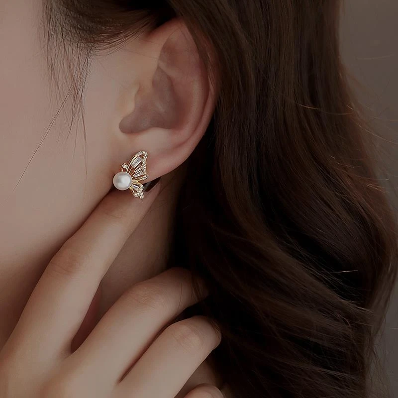 CIOEM KOUIM 925银耳饰 蝴蝶珍珠女耳钉法式高级感精致气质百搭