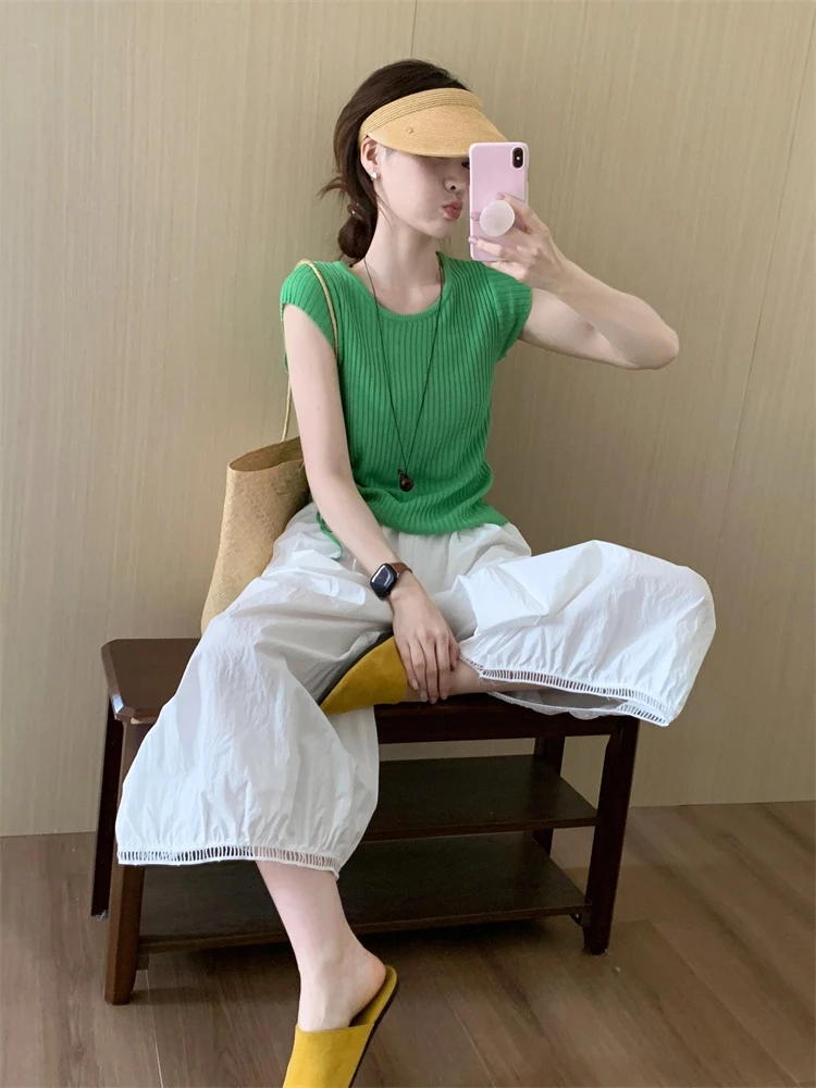 2025夏季新款韩系减龄绿色正肩针织短袖休闲百搭阔腿裤显瘦两件套