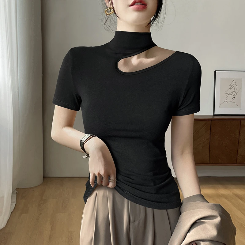 黑色半高领短袖t恤女2025年春夏镂空高级感设计打底衫内搭上衣潮