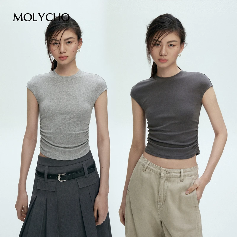 MOLYCHO灰色修身显瘦短袖T恤女夏季2025新款辣妹短款褶皱收腰上衣