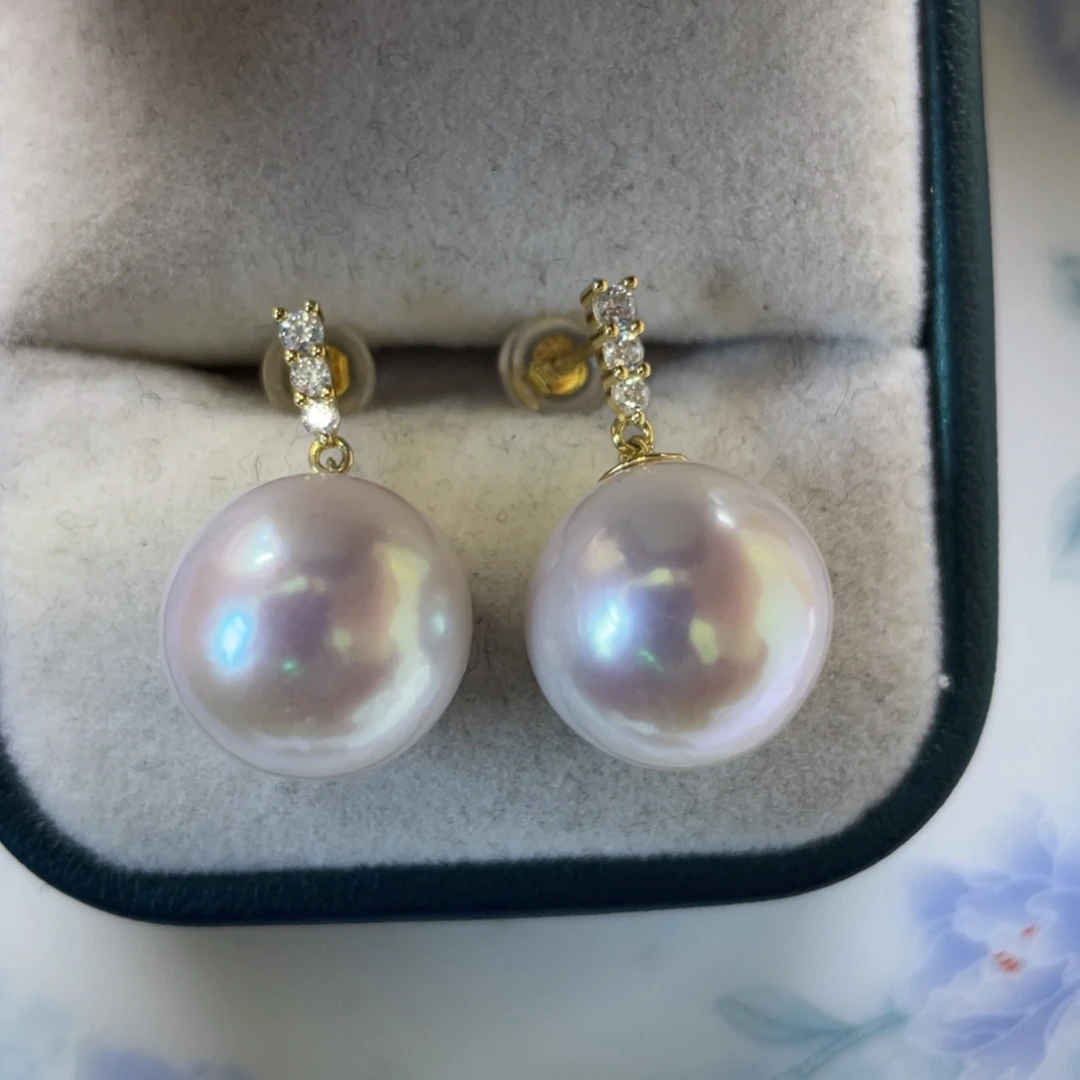 银S925镶嵌耳饰淡水珍珠13-14