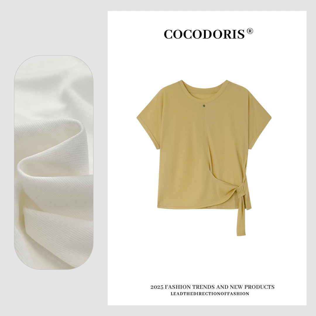 COCO DORIS 2025新款侧边系带收腰设计T恤夏季通勤百搭上衣LT02
