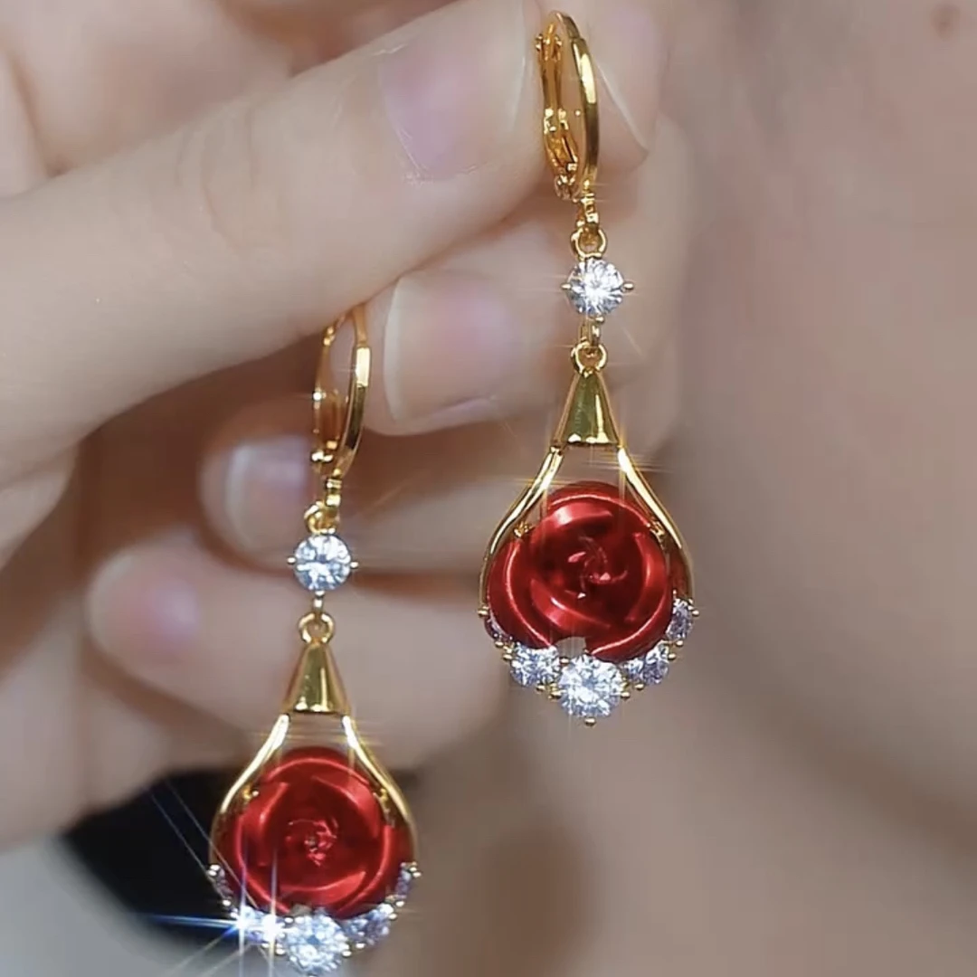 铜合金合成锆石耳饰 气质复古耳扣红玫瑰花流苏耳环长款红色轻奢