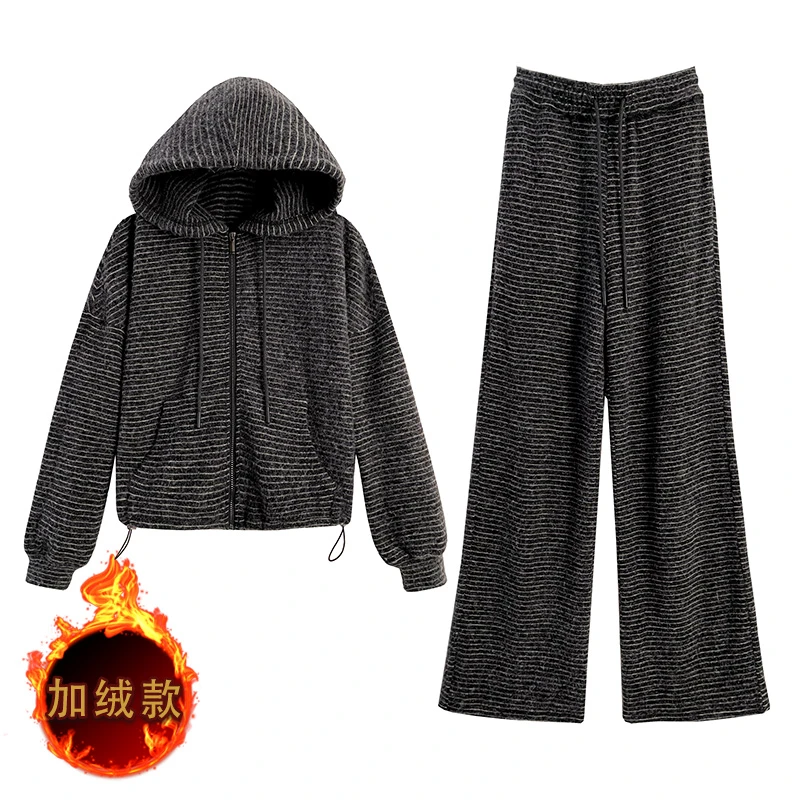 女秋季欧货时尚条纹休闲复古女连帽开衫上衣宽松软糯阔腿直筒长裤