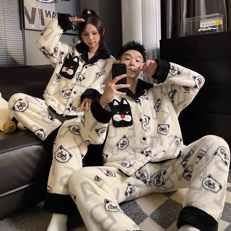 冬季大码情侣睡衣女加厚保暖珊瑚绒法兰绒男士家居服套装2025新款
