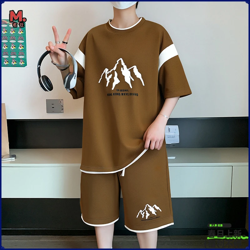 夏季薄款休闲套装男士宽松透气短袖t恤五分短裤青少年运动两件套