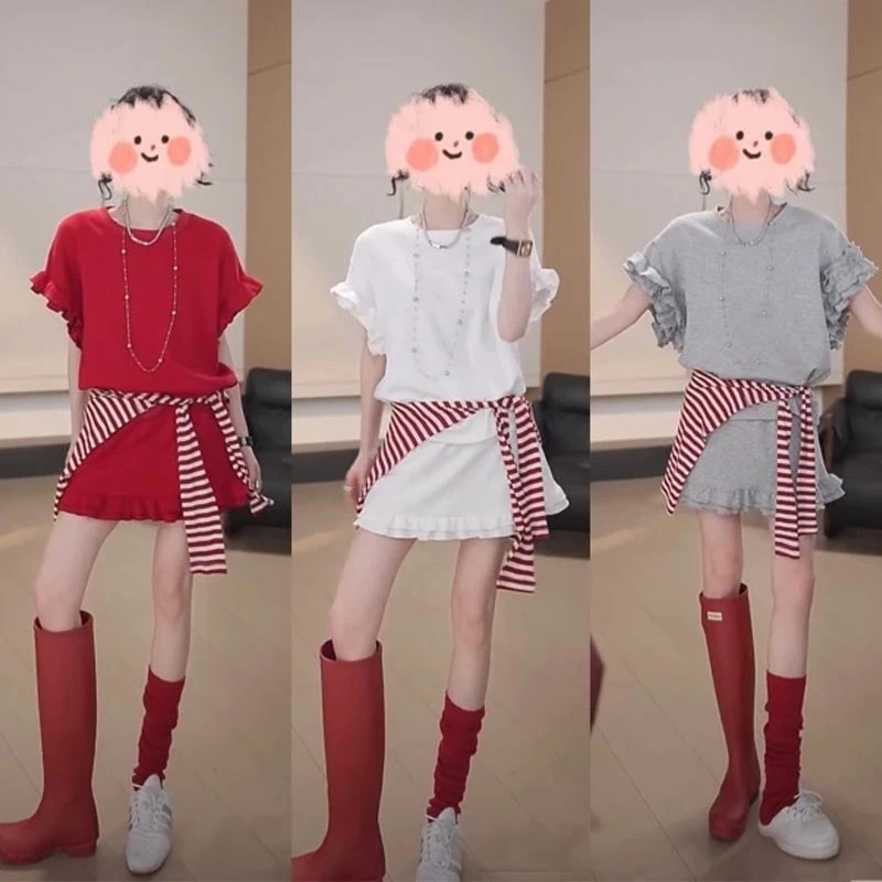 蛋糕花边短袖T恤纯色百搭短裙时尚套装女2025夏季新款气质一整套