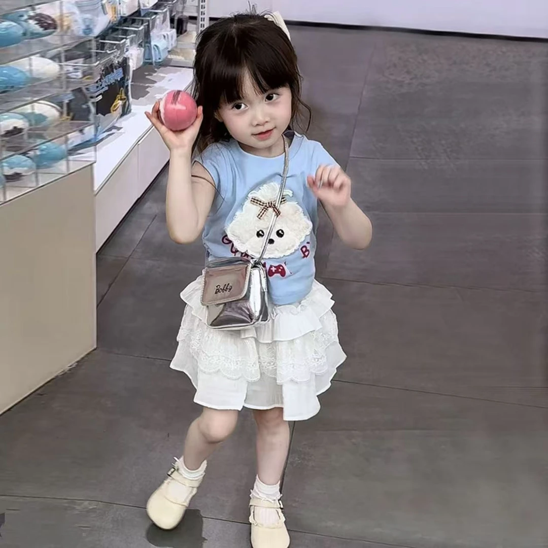 女童夏装套装2025年款衣服儿童卡通飞袖上衣漂亮裙子蛋糕裙两件套