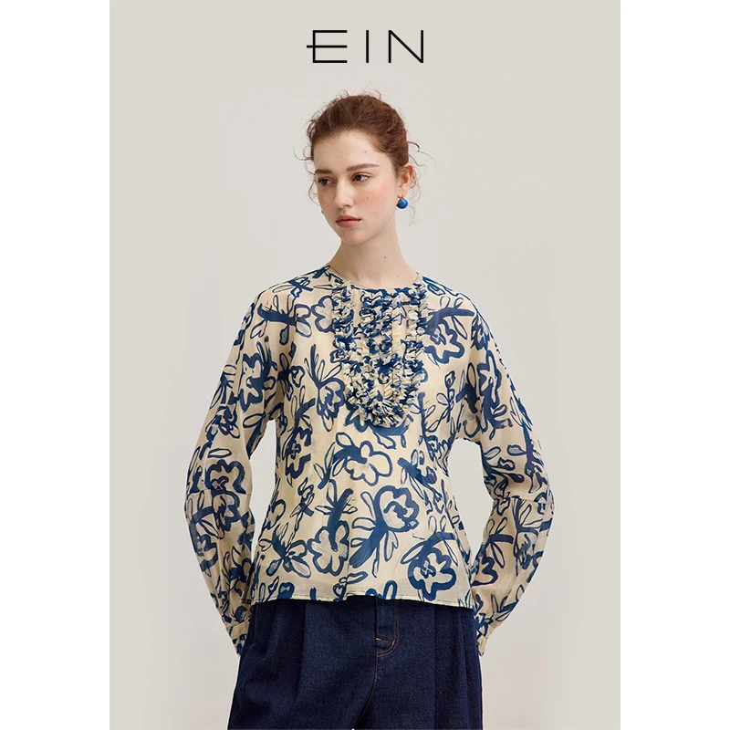 EIN/言蜡笔玫瑰印花丝绵圆领浪漫木耳边抽褶复古上衣2025早春新款