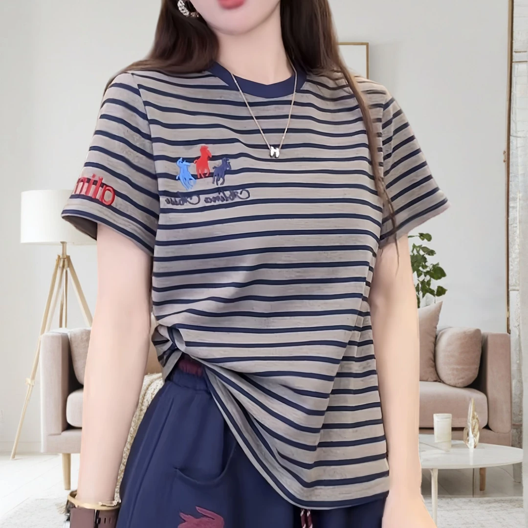 百搭时尚刺绣条纹T恤女2025春夏新款爆款简约显瘦韩版短袖上衣女
