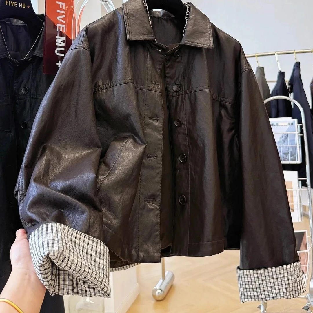 2025超火新款韩系休闲翻领皮衣秋冬季独特好看pu皮夹克短款外套女