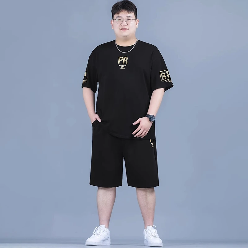 春秋胖子不显胖套装夏季短袖短裤男大码男士时尚加大冰丝凉感两件