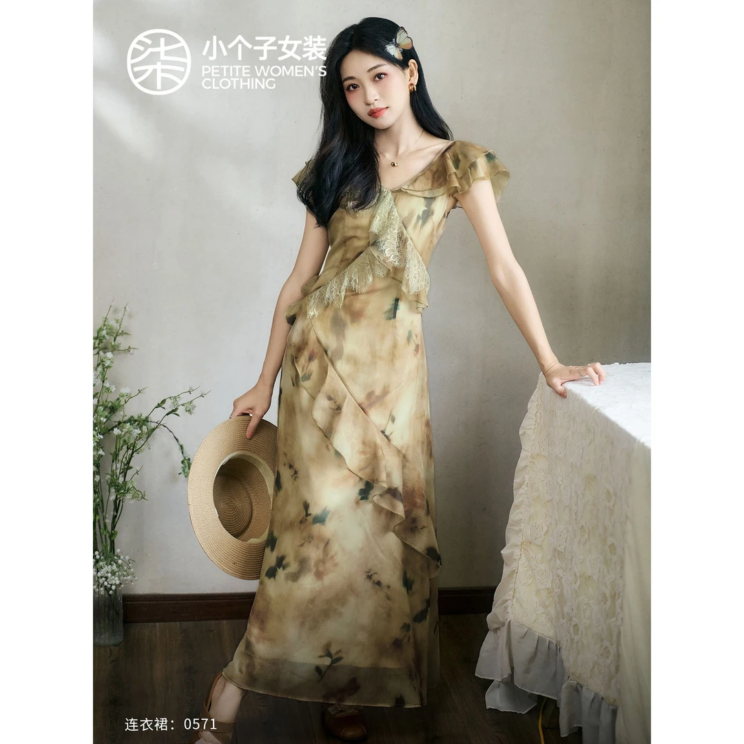 【柒量一裁】0571小个子复古荷叶边拼接收腰显瘦深卡其色印花连衣裙
