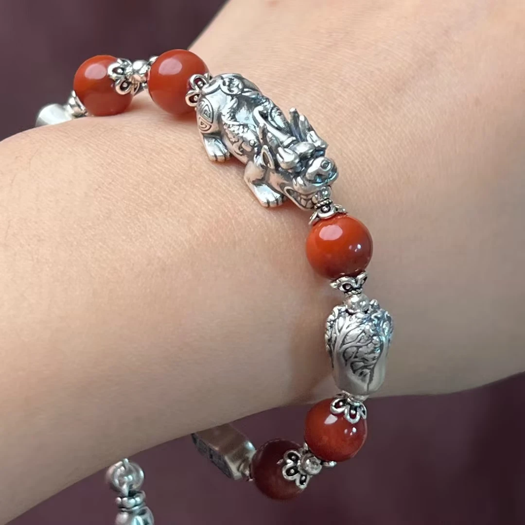 【佰万银庄】足银南红珠珠古法白菜貔貅手链红色编织气质复古女士