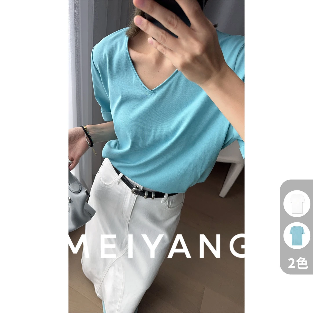 【现货】美洋MEIYANG 净版海报T【商场同款】简约百搭卷边V领休闲上衣