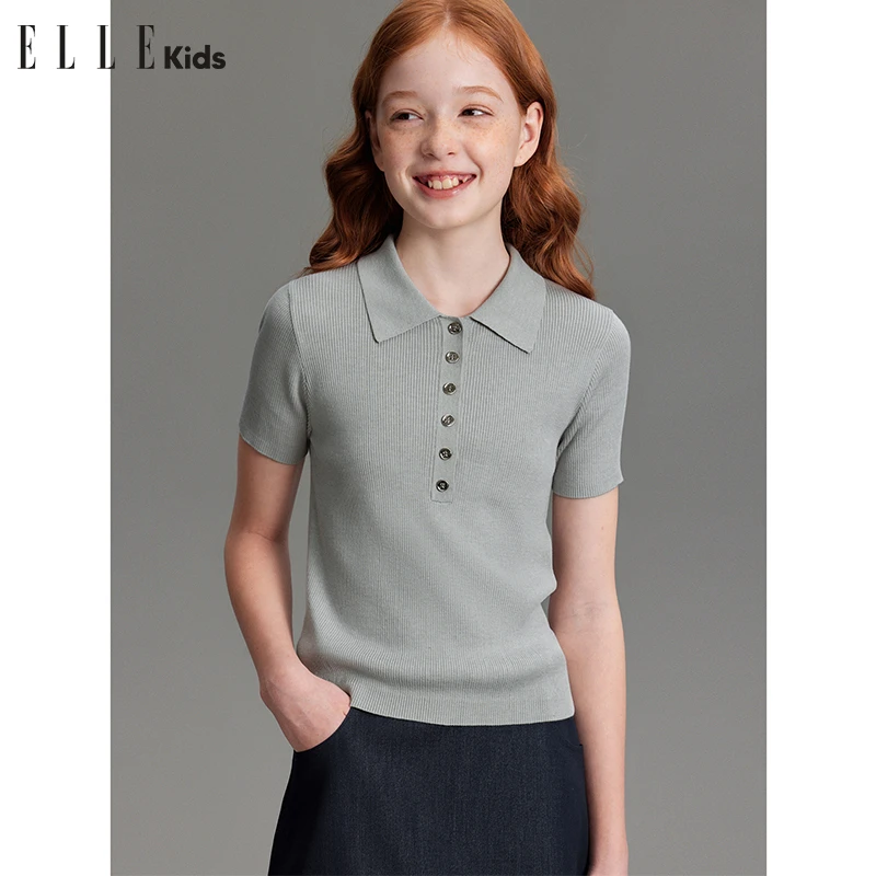 ELLE KIDS 修身显瘦短袖针织衫女儿童夏季新款POLO领套头上衣X3
