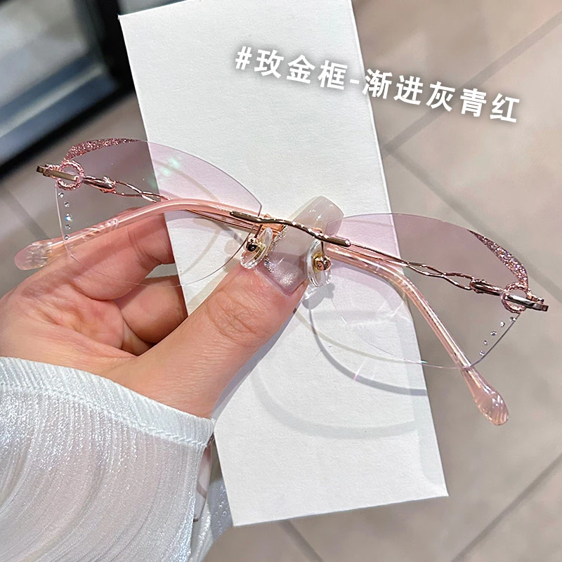 网红超轻无框近视眼镜镜框镶钻切边女款高清蓝光防辐射渐变色