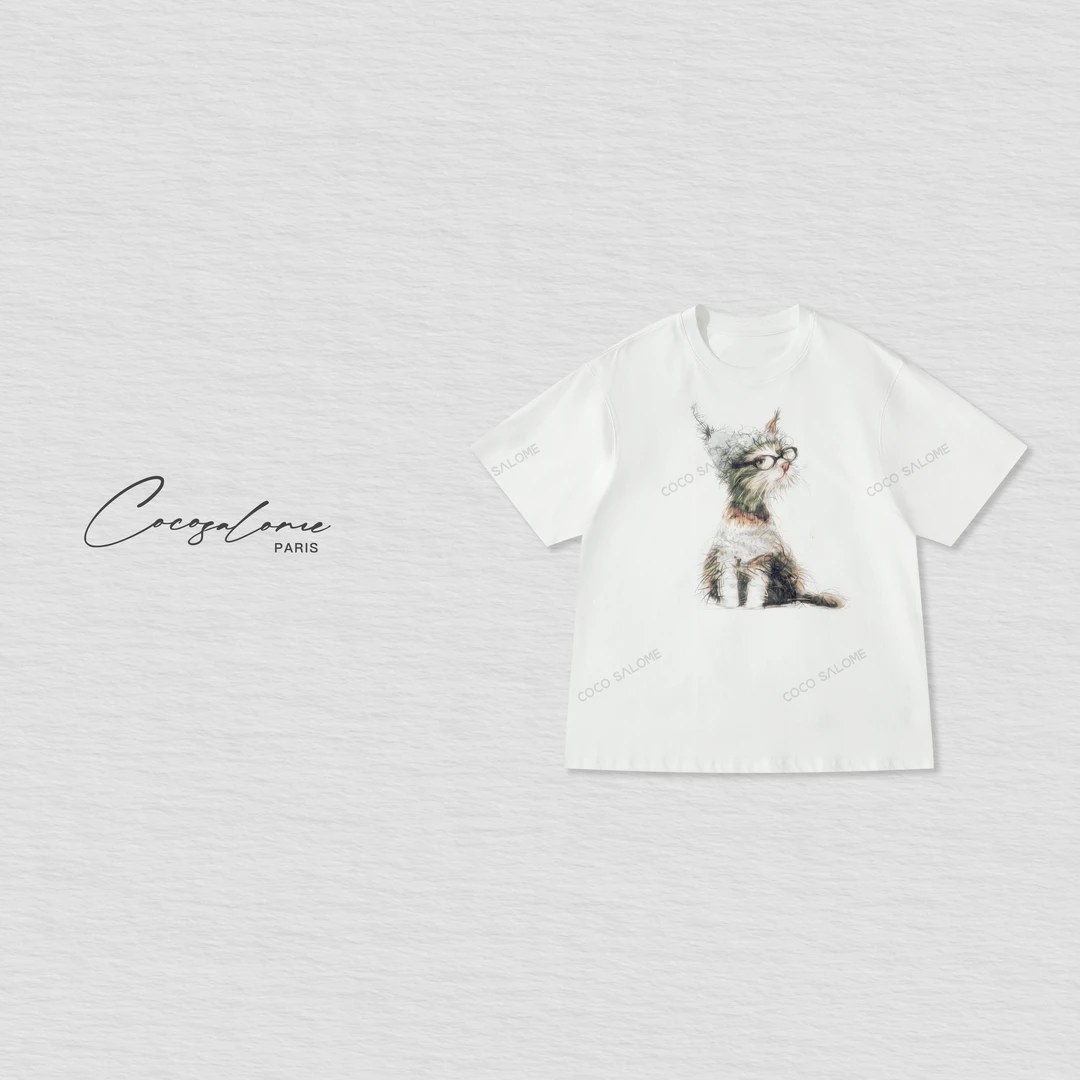 韩彬彬"波斯猫"夏季100棉简约动物印花通勤穿搭百搭短袖T恤314H-9