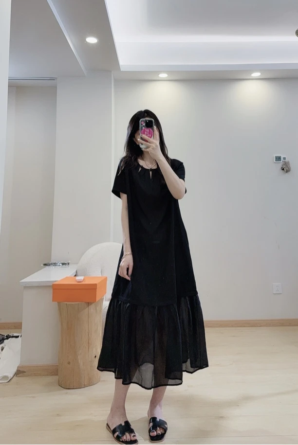 Y拼接夏季连衣裙黑色复古T恤裙裙子中长款时尚