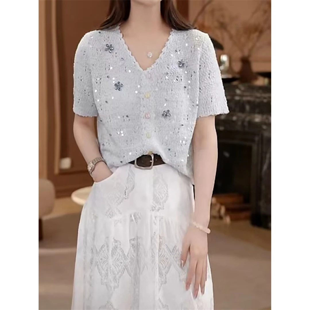 时尚镂空设计感V领彩扣短款T恤重工亮片宽松冰感针织衫上衣薄