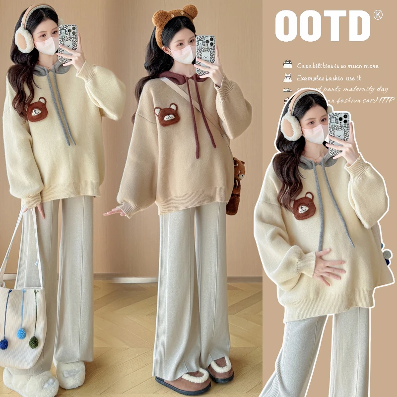 【梦梦妈】孕妇装2024秋冬季宽松显瘦气质减龄小熊连帽套头毛衣上衣