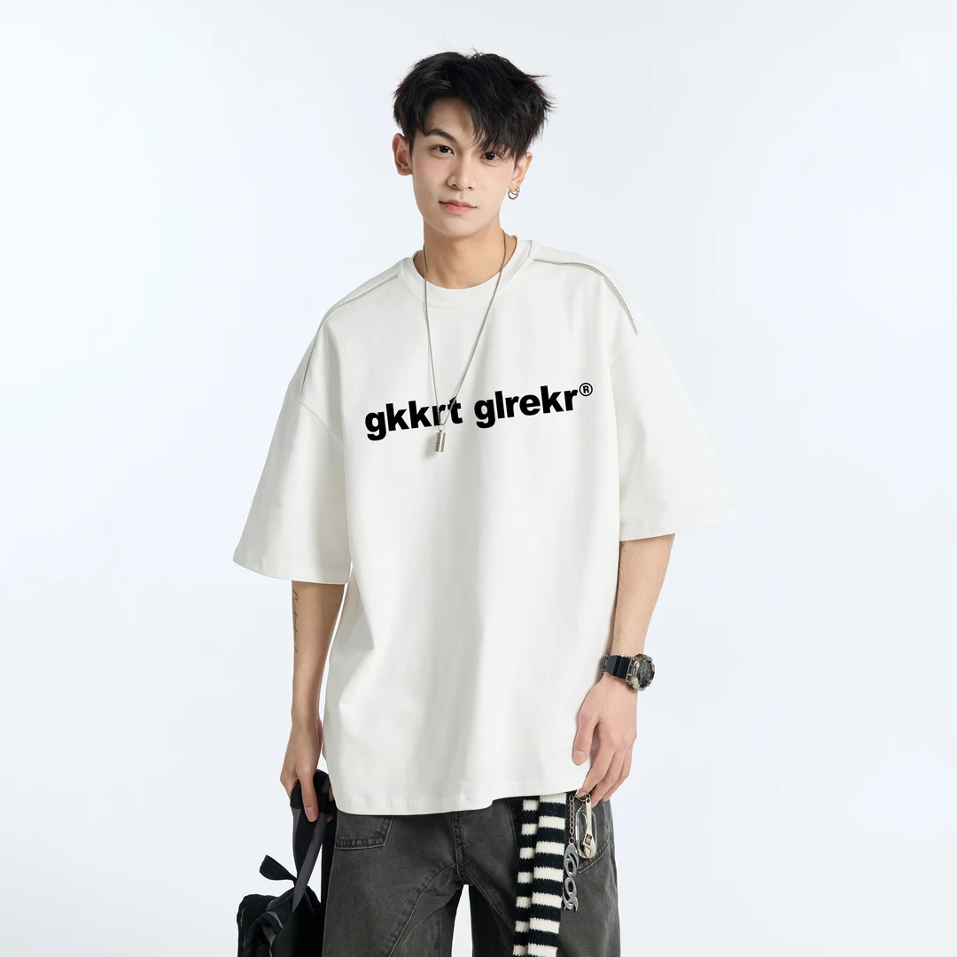 重磅立体印花纯棉短袖T恤男潮牌宽松夏季薄款休闲五分袖上衣